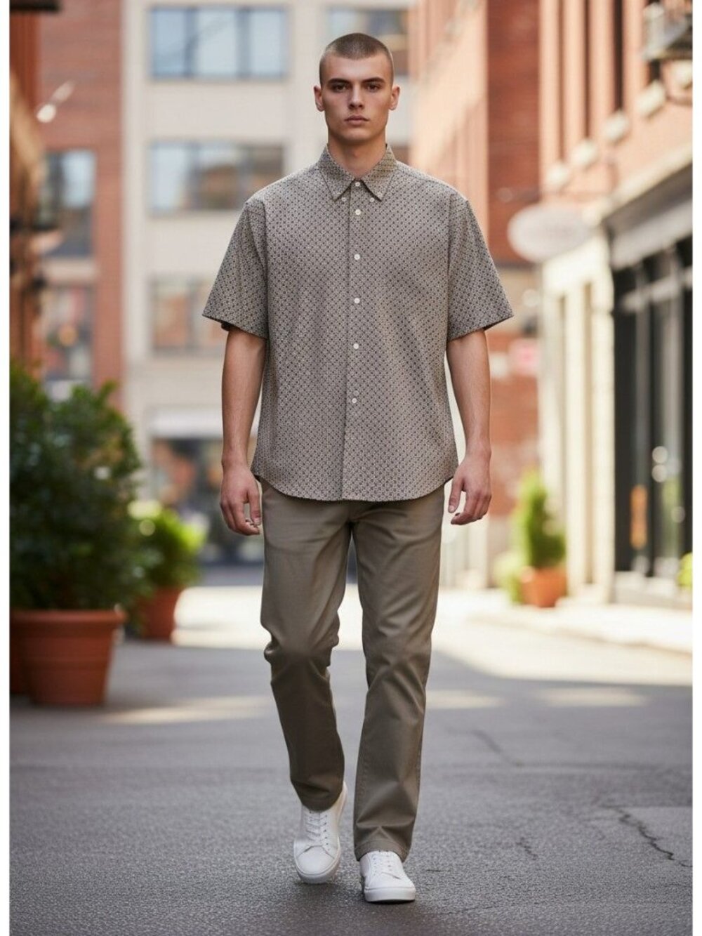Roundtree & Yorke Mens Short Sleeve Button Front Patterned Casual Shirt Brown L